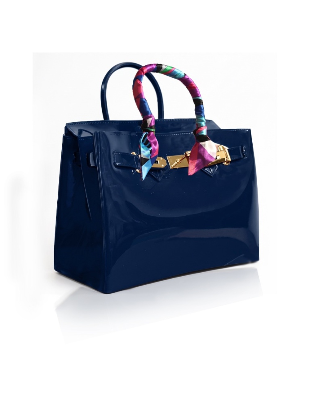 New Navy Blue Jelly Satchel Bag with Scarf Handle & Gold Hardware